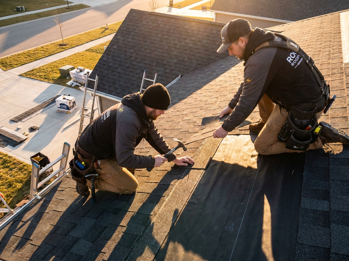 LK Construction roofing crew installing a new roof at golden hour